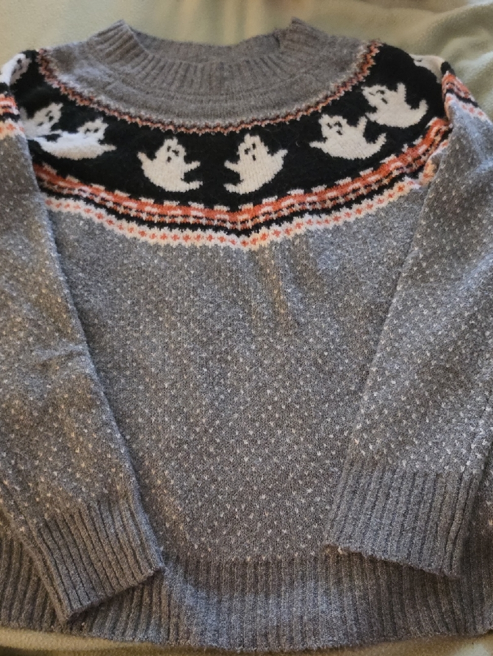 Maurices Gray Knit Halloween Ghost Sweater with Fair Isle Accent
